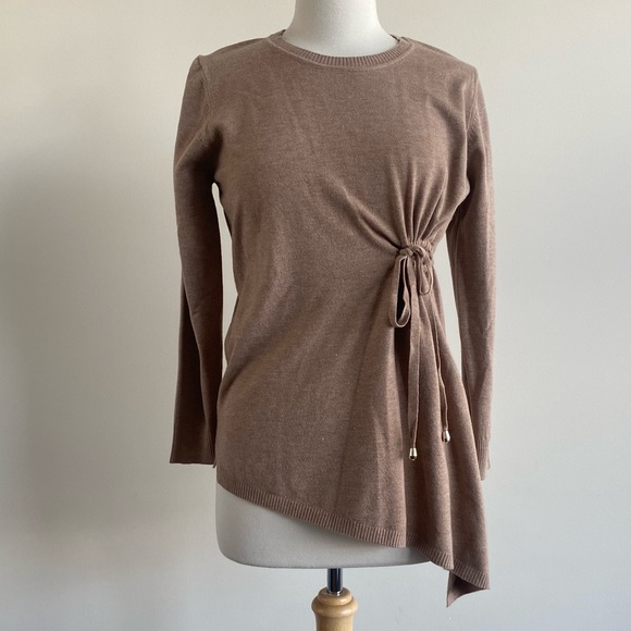 NWT Tan Long Sleeve Crewneck Knit Tan Cinched Sweater M L - Picture 1 of 8